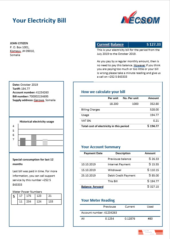 Somalia NESCOM electricity bill in Word format